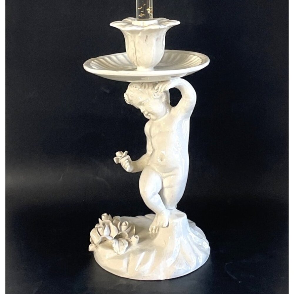 Vintage Italian White Ceramic Cherub Candle Holder With Floral Dish Accent